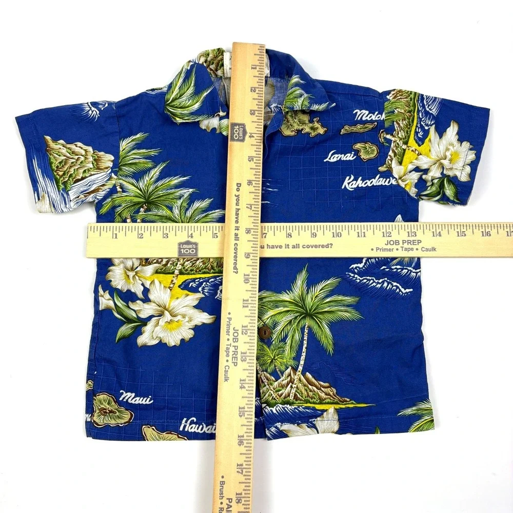 VTG 90s‎ Ky's Hawaiian Shirt Kids Sz 4 Blue Floral Palm Trees Islands Wa'a Boat
